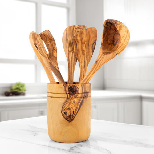 Set 5 Utensili da Cucina in Legno d’Ulivo con Portautensili – Artigianale ed Elegante