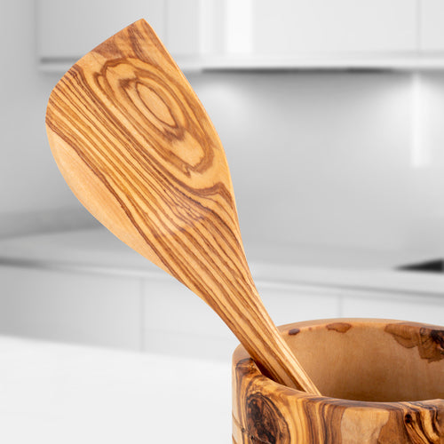 Set 5 Utensili da Cucina in Legno d’Ulivo con Portautensili – Artigianale ed Elegante