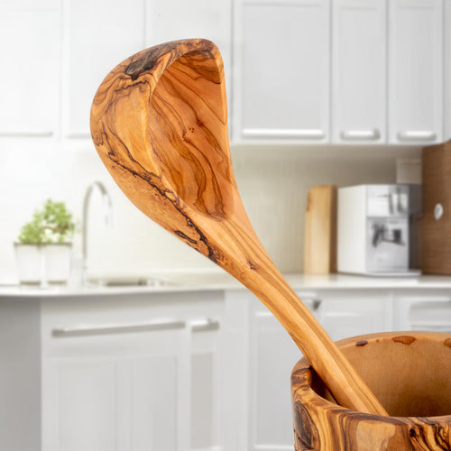 Set 5 Utensili da Cucina in Legno d’Ulivo con Portautensili – Artigianale ed Elegante