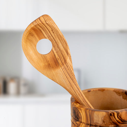 Set 5 Utensili da Cucina in Legno d’Ulivo con Portautensili – Artigianale ed Elegante